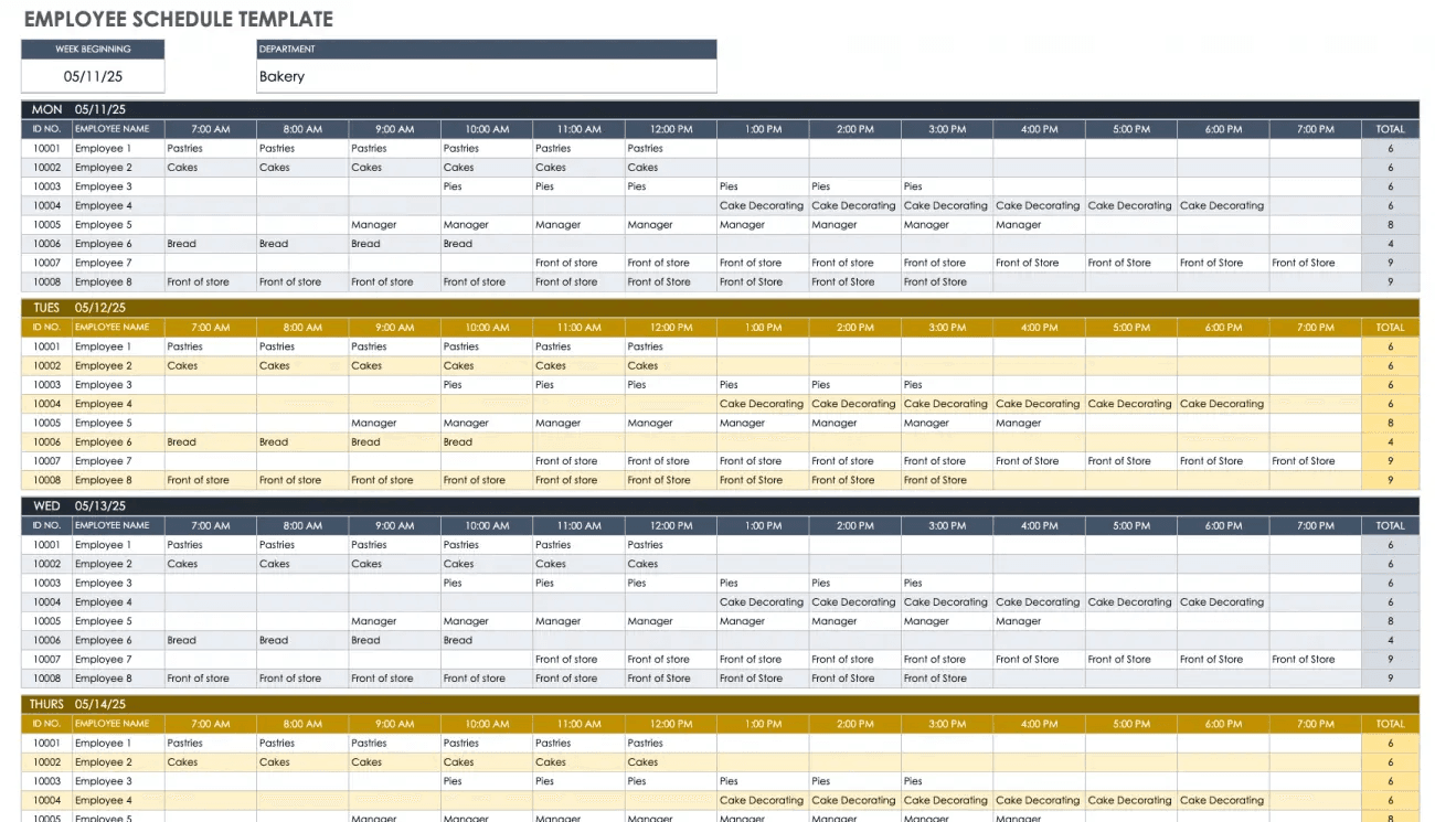 Example of a Google Sheet weekly schedule template by Smartsheet.