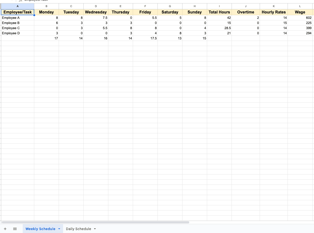 Google sheet weekly schedule template example.
