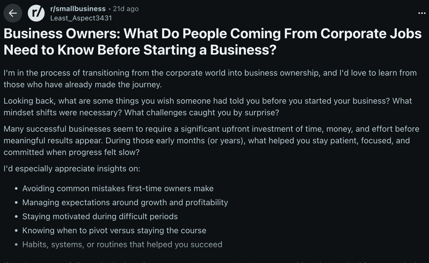 Reddit post on business owners reflecting on what they wish someone had told them before they started.