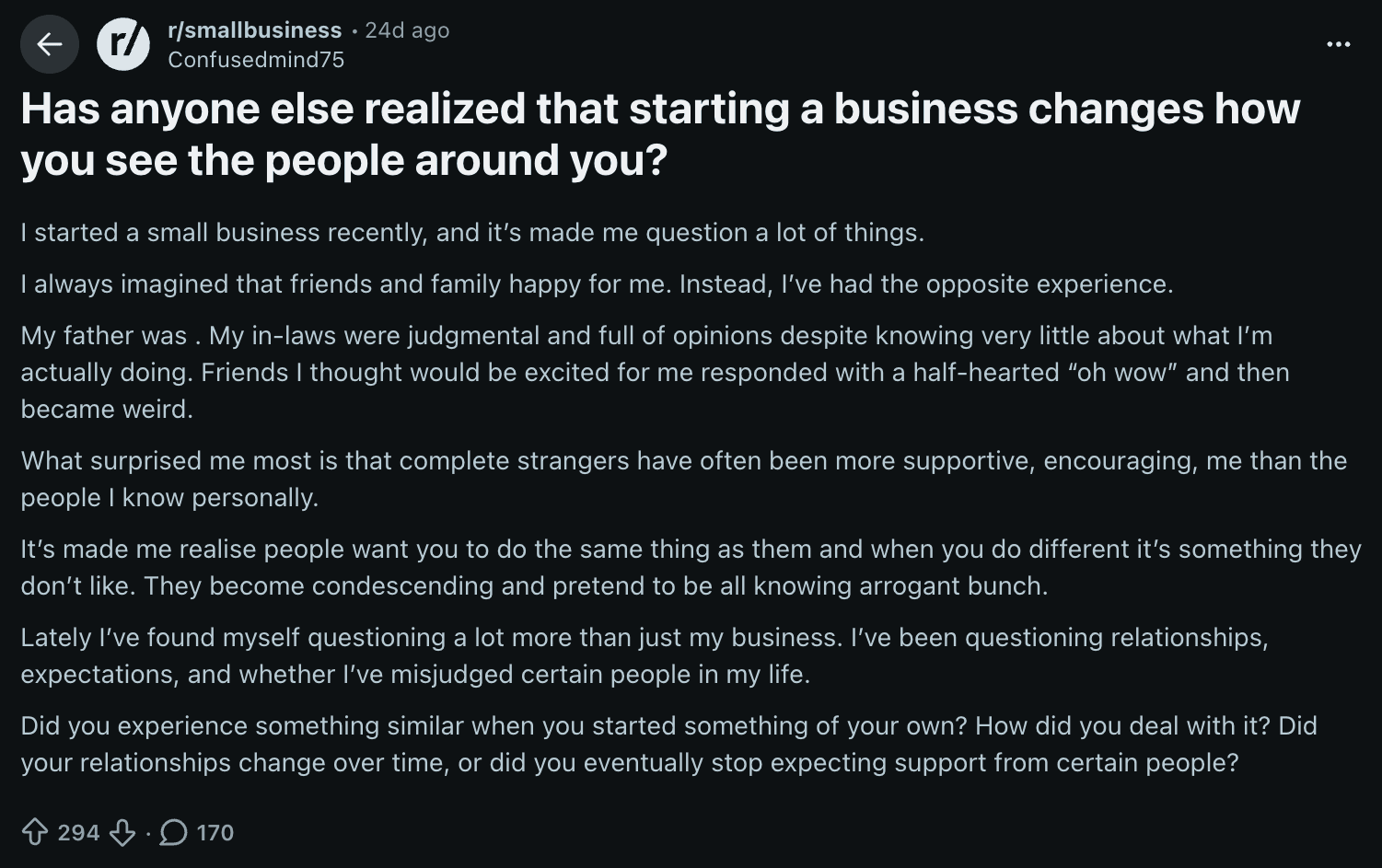 Reddit post about how starting a business changes how you see people around you.