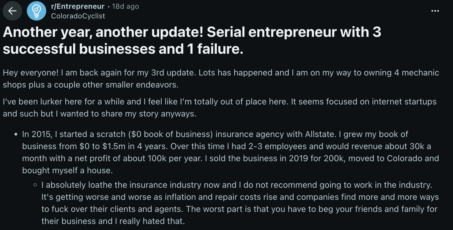 A Reddit post about a serial entrepreneur sharing their latest annual update about their successes and failures.