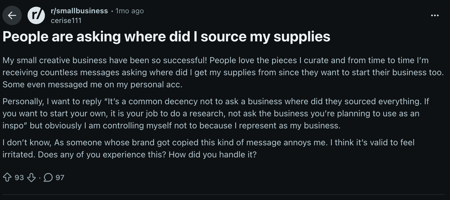 A Reddit post about how one business owner sources supplies.
