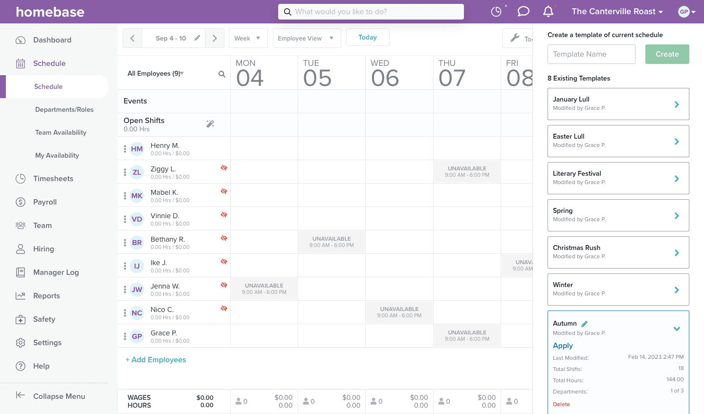 A screenshot of a Homebase schedule with the schedule templates displayed in a drop down menu.