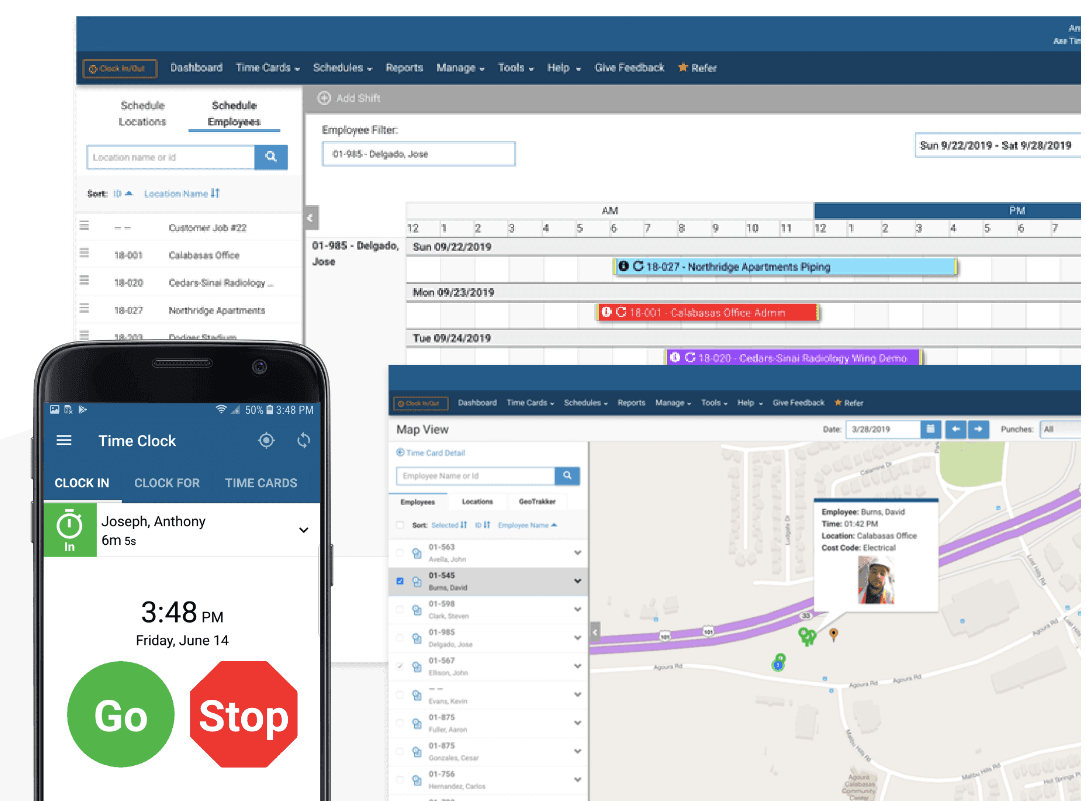 A screenshot of Arcoro's time clock and scheduling features.