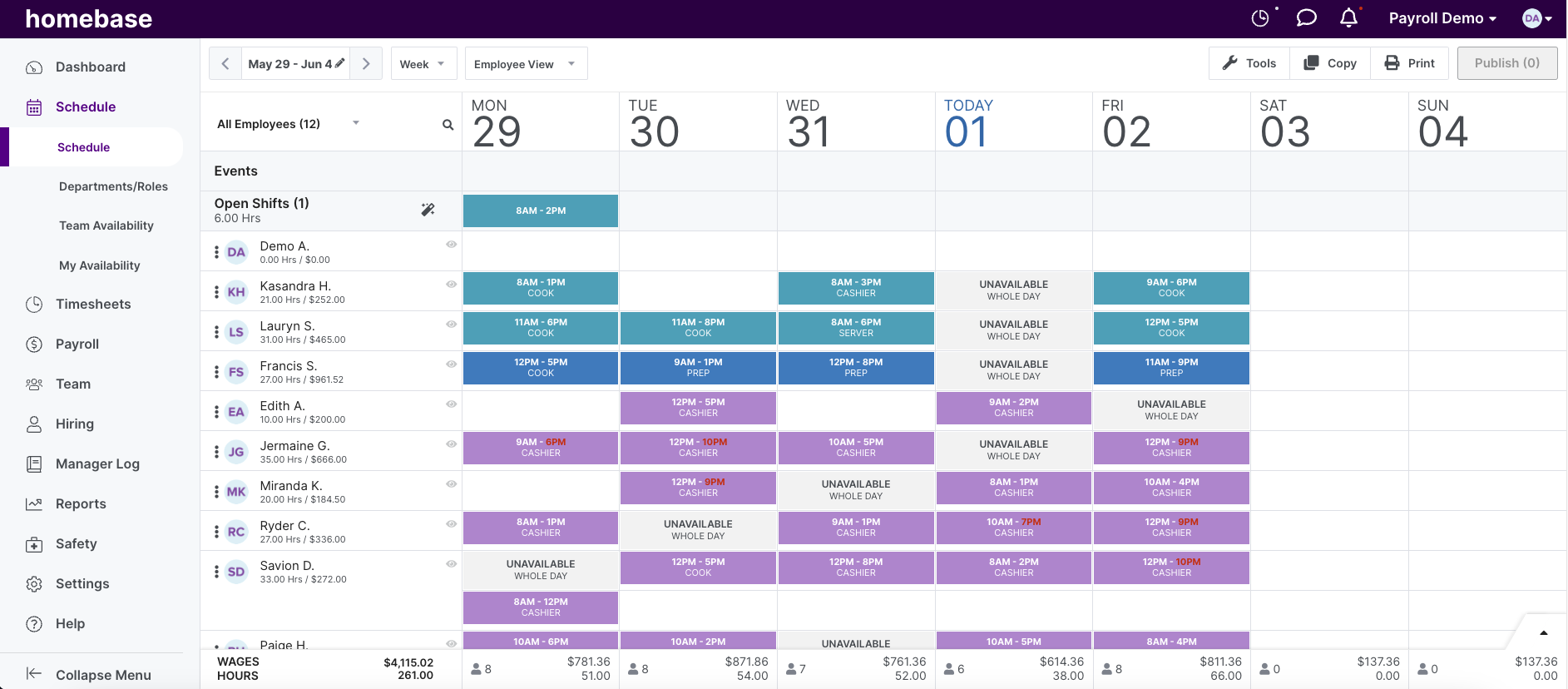 A screenshot of Homebase scheduling, displayed in a calendar view.