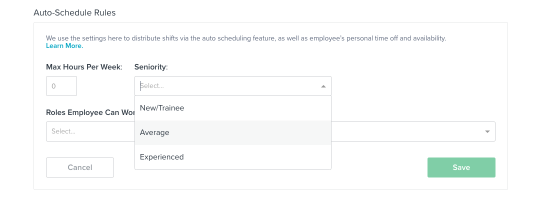 Find the “Auto-Schedule rules” at the bottom of the “Job Details” page. Assign the employee their maximum weekly hours, seniority, and roles.