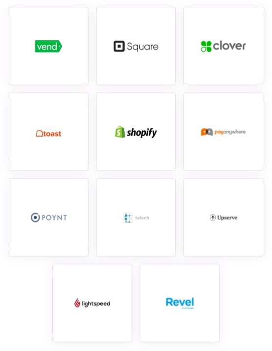 Screenshot of all the eleven POS integrations that Homebase offers.