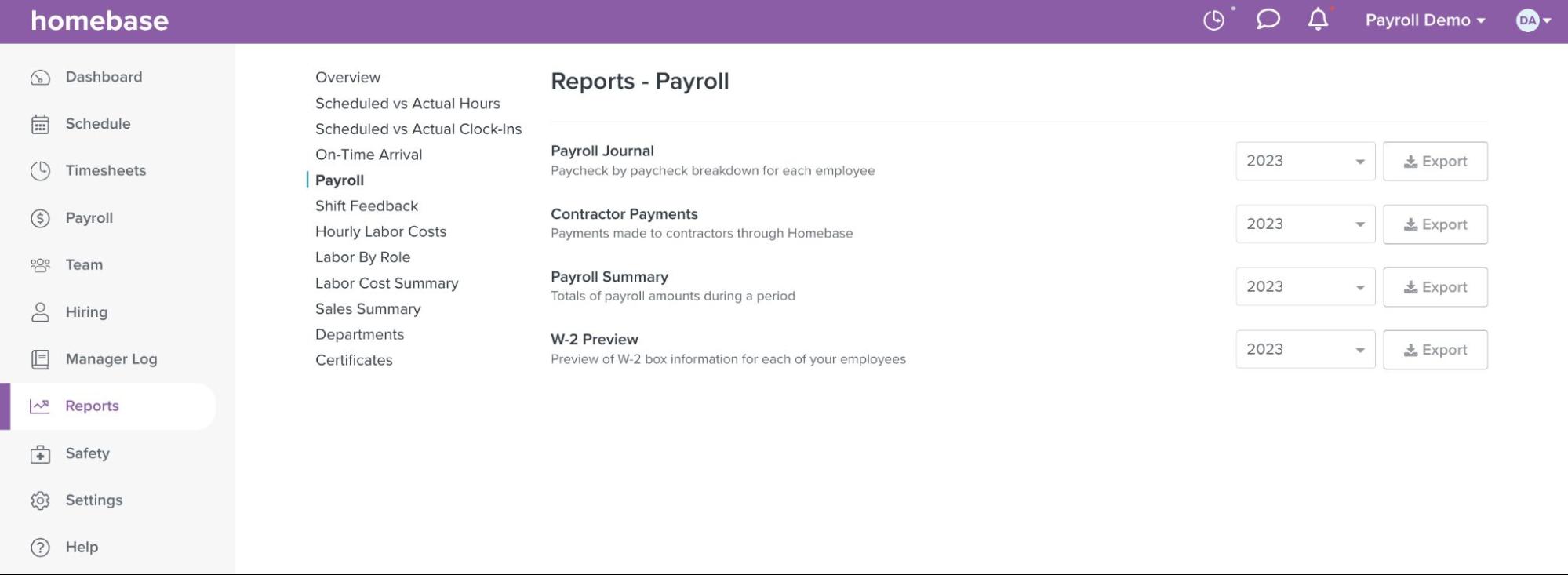 Screenshot of payroll reports on Homebase.