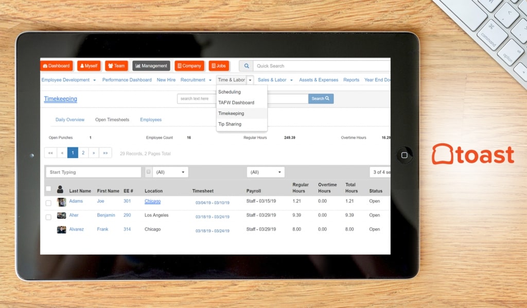 Photo of the Toast payroll feature on a tablet.