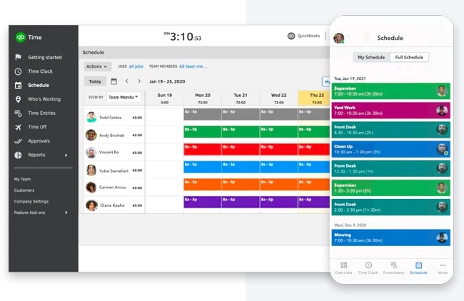 Screenshot of a schedule for six employees on QuickBooks Time's dashboard.