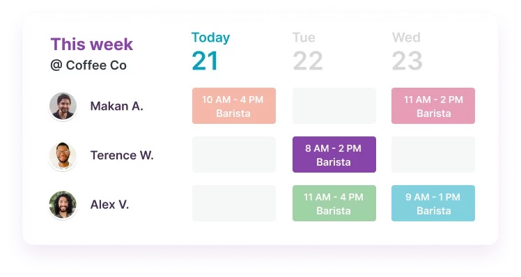 A color-coded view of the Homebase scheduling tool