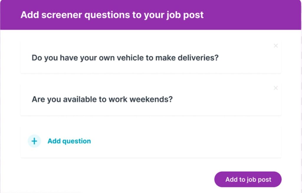 An example of Homebase hiring screener questions.