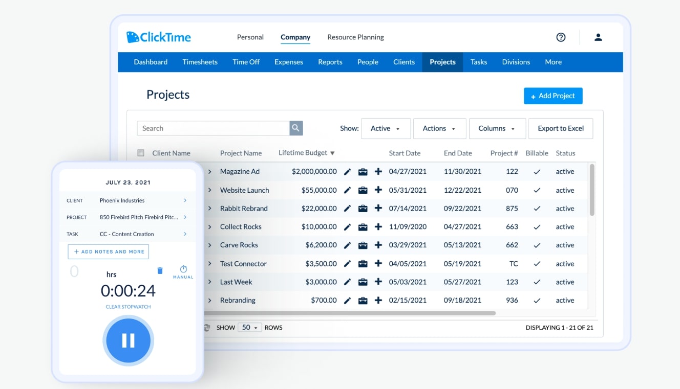 A screenshot of ClickTime's project management tool.