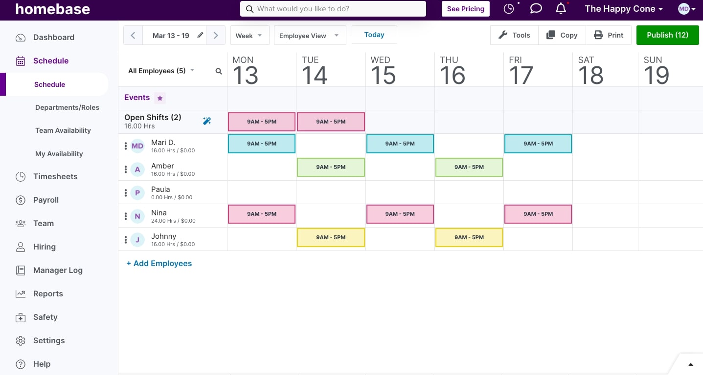 A screenshot of Homebase's schedule builder.