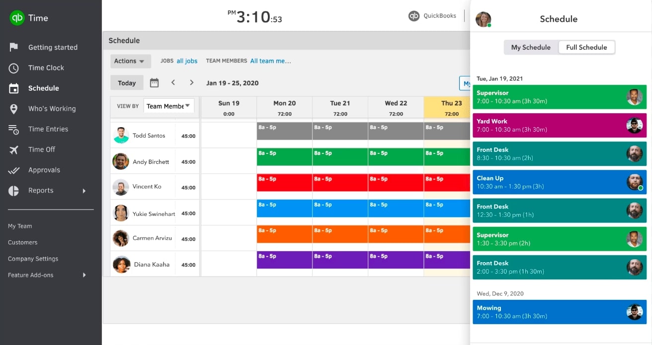 A screenshot of QuickBooks Time's scheduling feature.