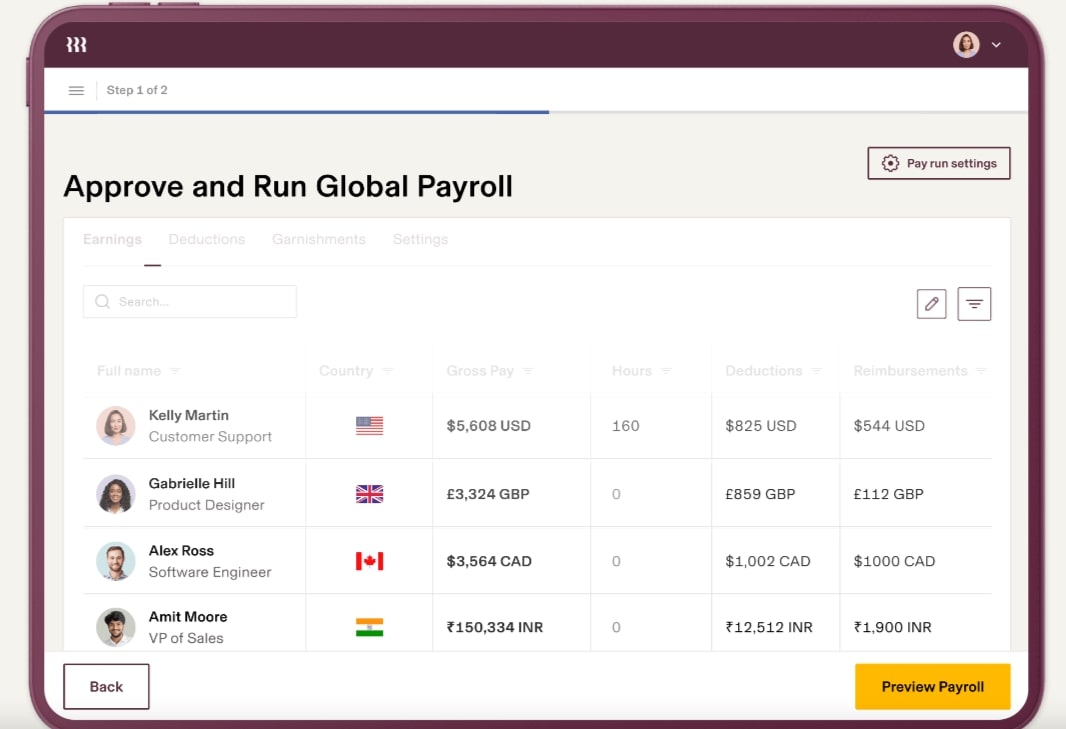 A screenshot of Rippling's global payroll interface.