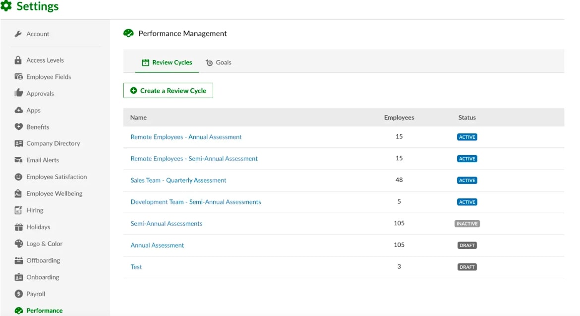 A screenshot of BambooHR's performance management settings page.