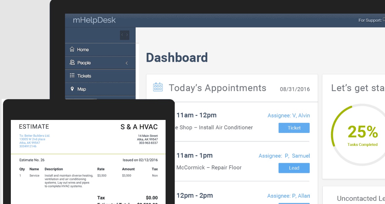 A view of mHelpDesk on a dashboard and tablet
