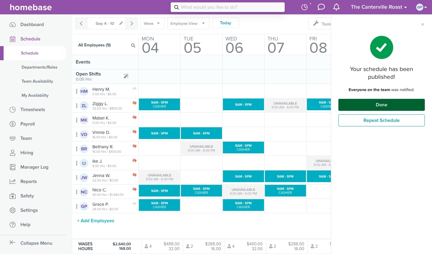 A screenshot of the Homebase scheduling feature.