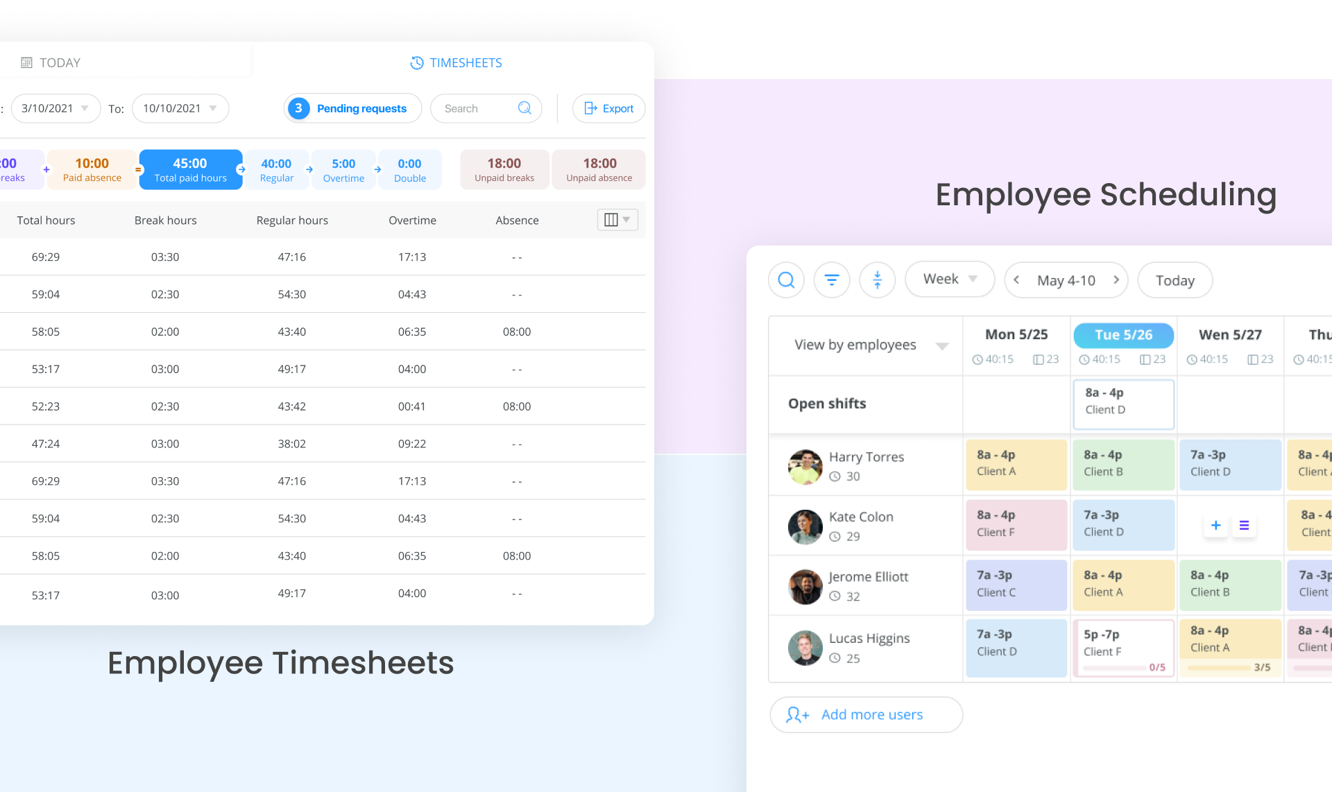 Side by side screenshots of Connecteam's scheduling and timesheet features.