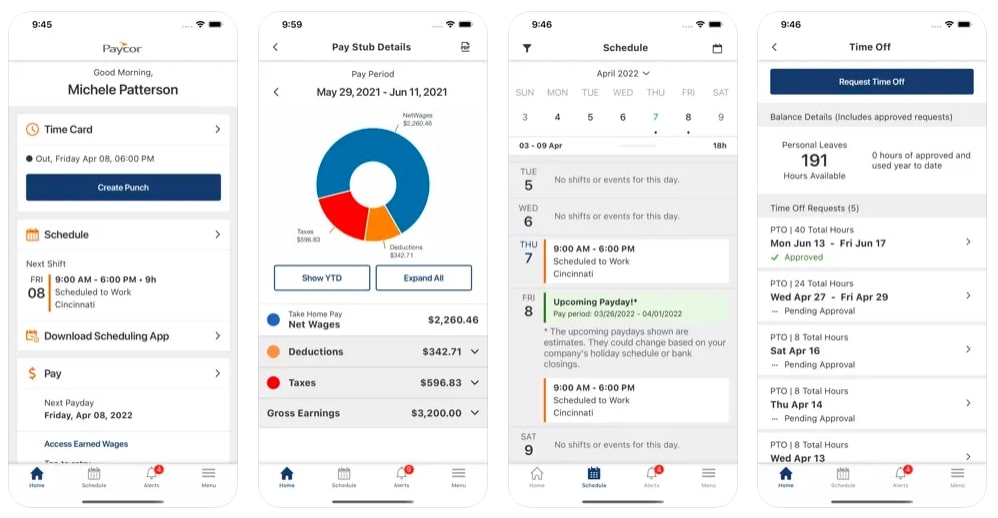 Four screenshots of the Paycor mobile app.