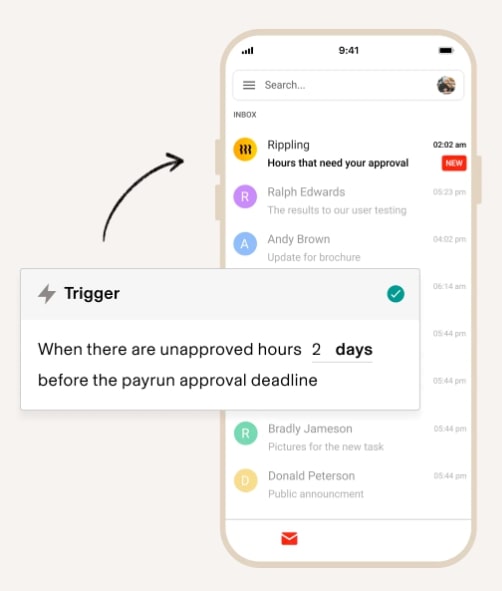 A screenshot of the Rippling app with a overlaid graphic of a trigger.
