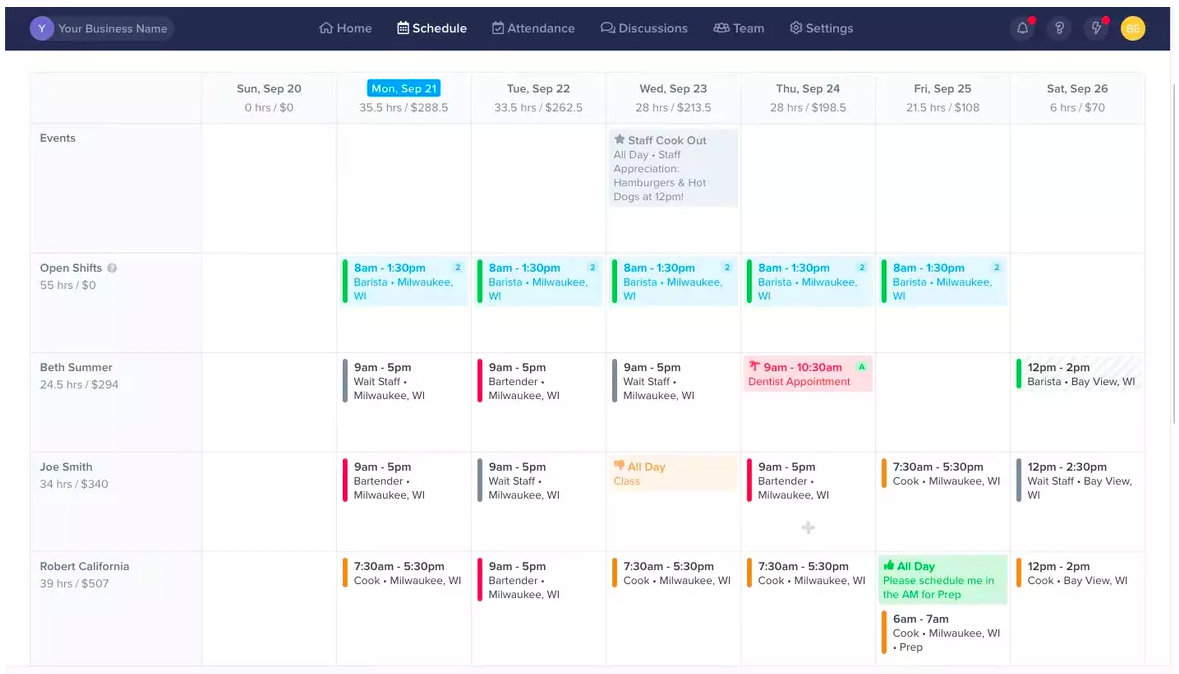 A screenshot of a schedule on ZoomShift.