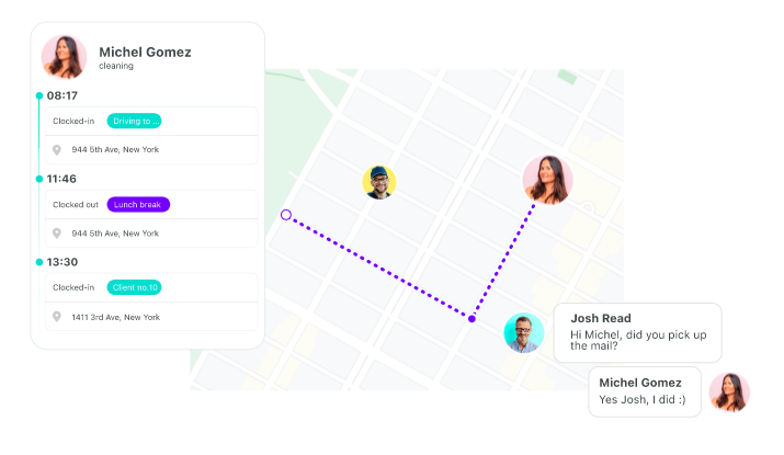 Overlapping screenshots displaying Connecteam's GPS tracking feature.