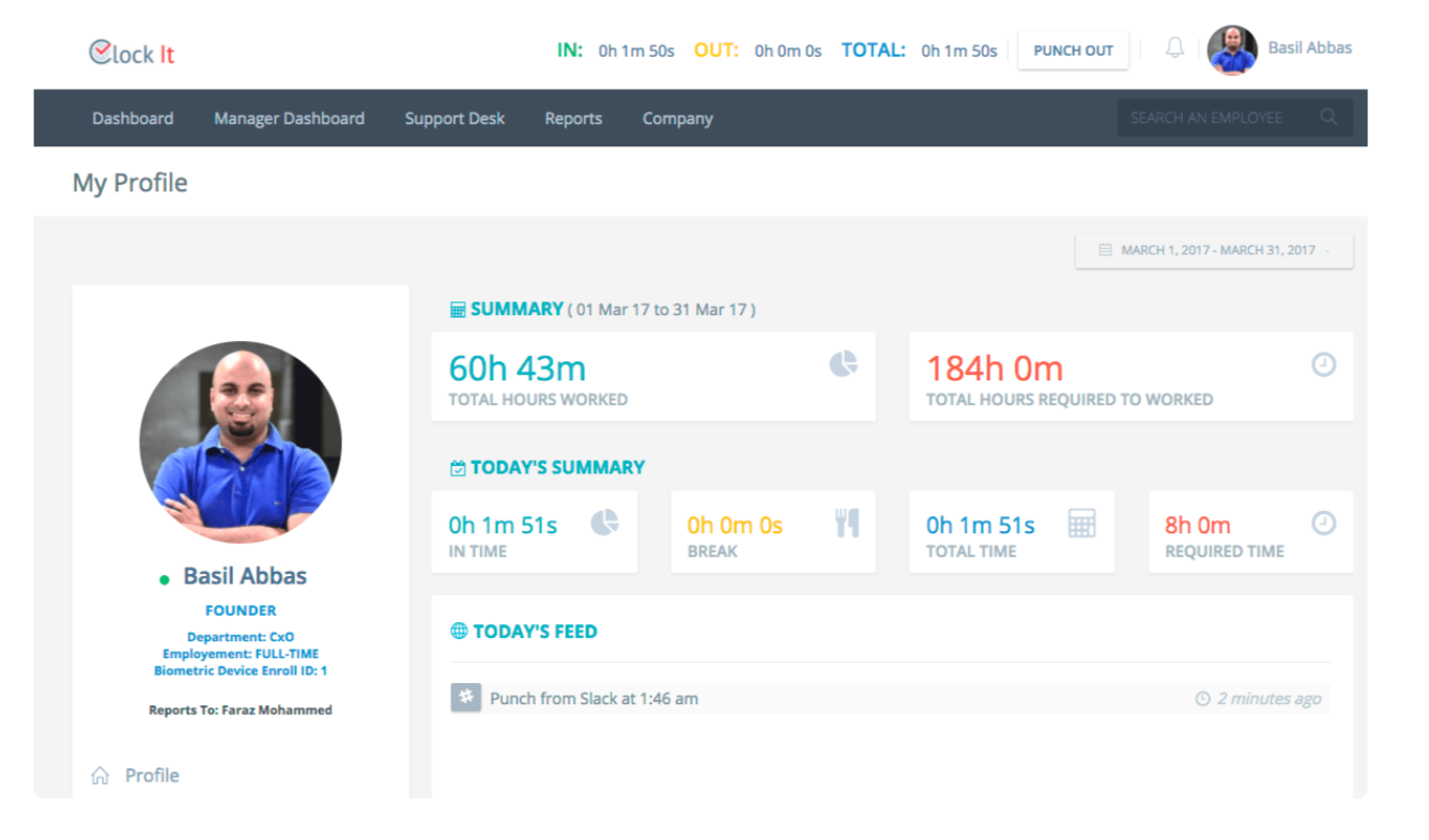 A screenshot of ClockIt's employee profile dashboard.