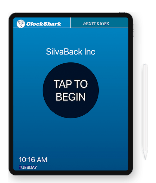 A screenshot of ClockShark's kiosk app opening screen.