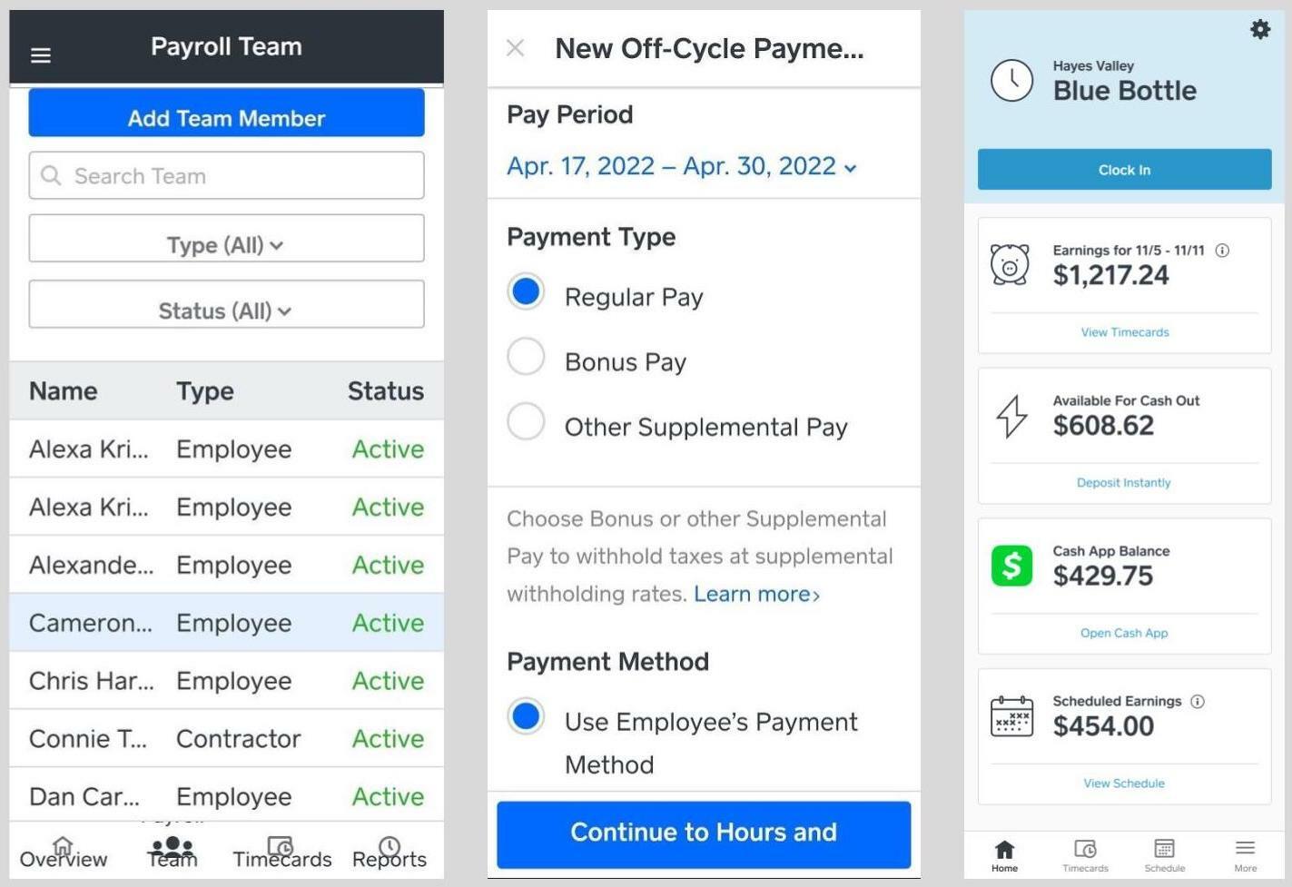 Square screenshot of payroll interface
