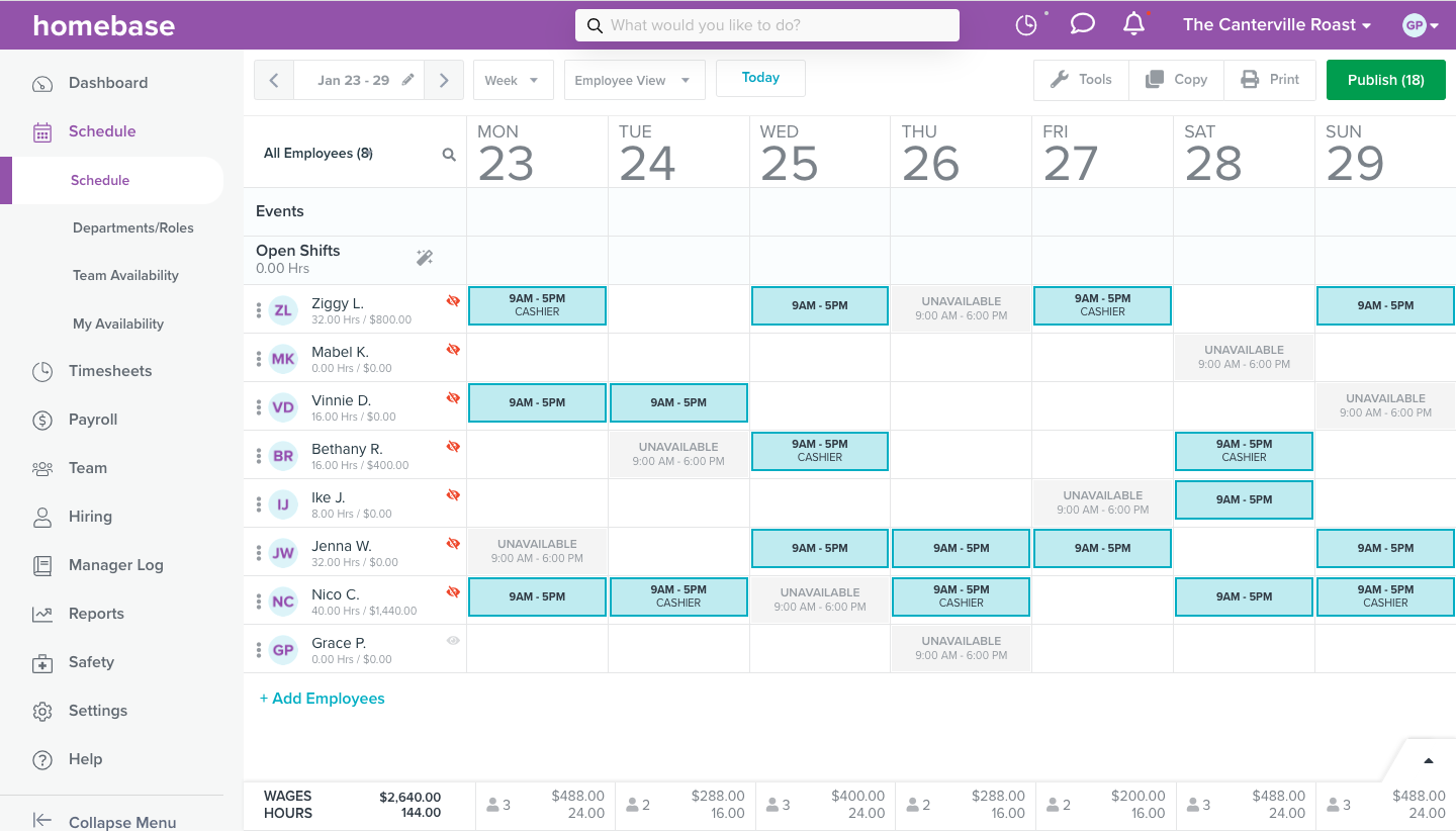 A screenshot of the Homebase scheduling feature.