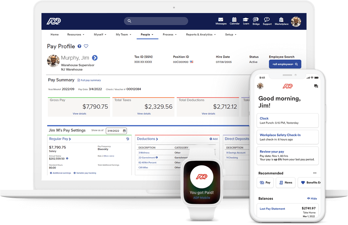 A screenshot of ADP Workforce Now on desktop, mobile, and smartwatch displaying an employee’s detailed payroll sheet.