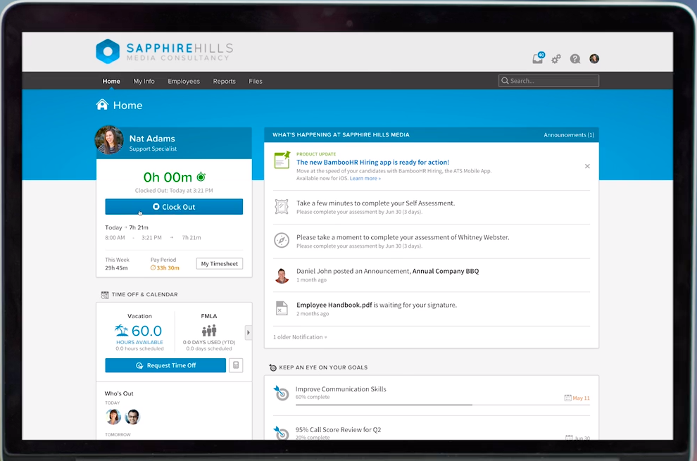 Screenshot of BambooHR's employee dashboard. 