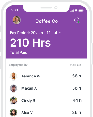 An image showing Homebase's time tracking feature. Each employee has a profile photo, and their hours worked for the pay period are displayed next to the photos.