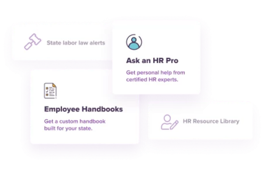 An image of highlighted boxes containing text about employee handbooks and the Ask an HR Pro feature