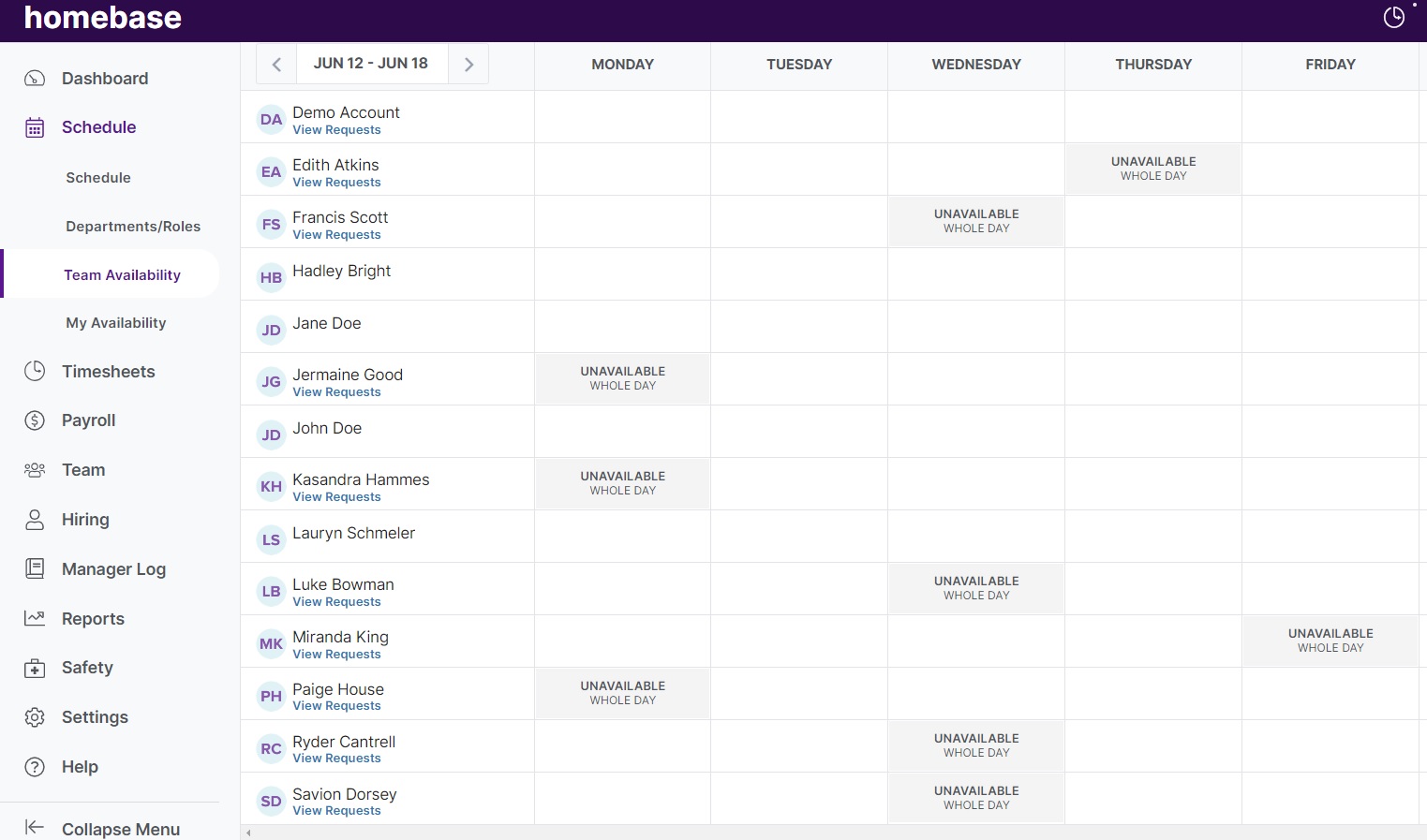 A view of Homebase’s availability scheduling tool.