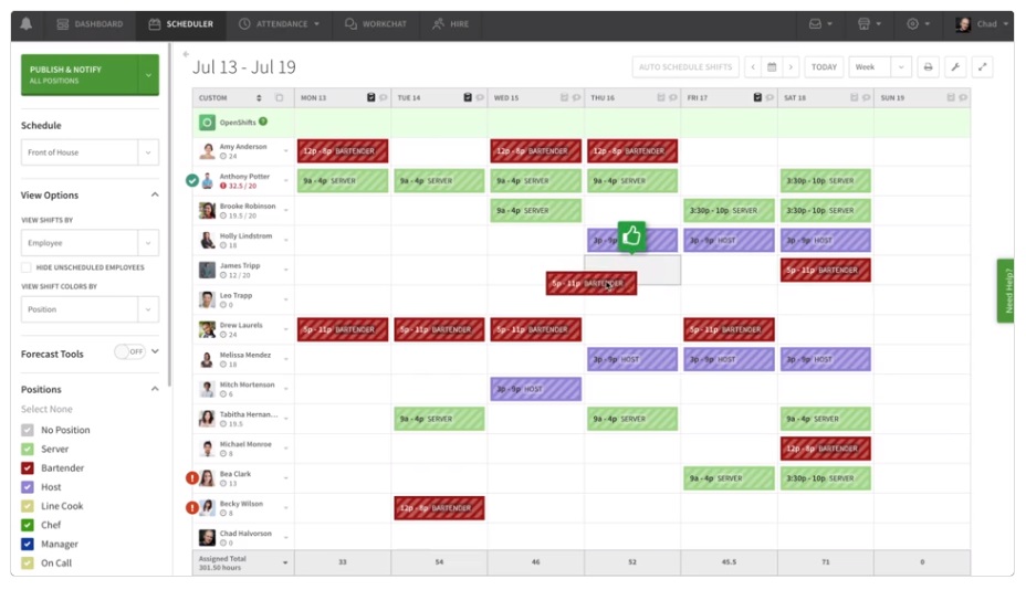 A view of When I Work’s scheduling calendar tool.