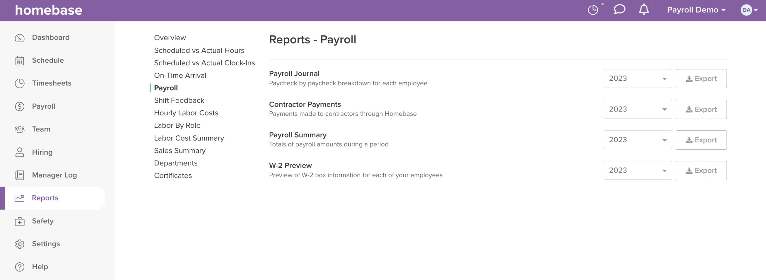 Screenshot of the Homebase platform displaying payroll records