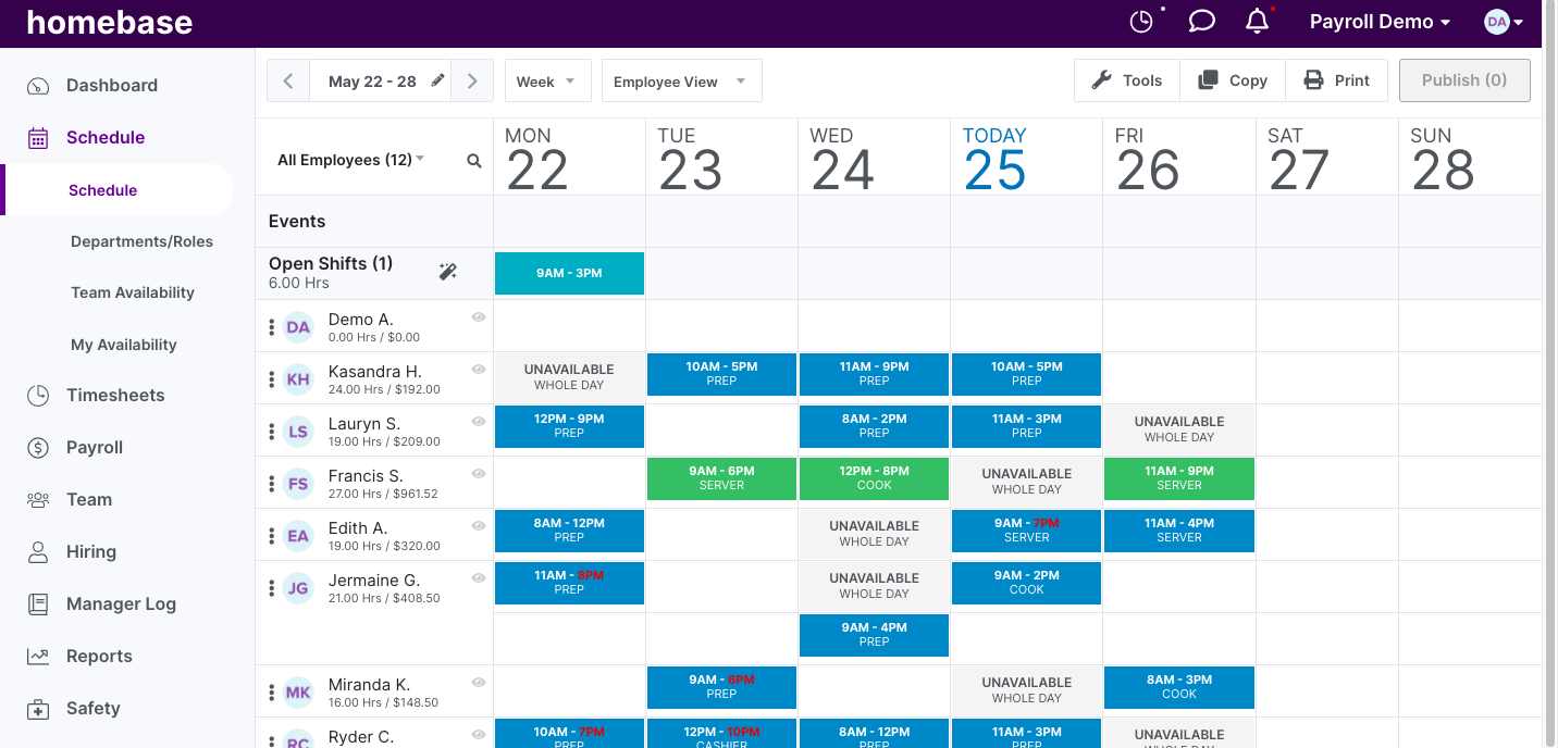 A screenshot of Homebase's schedule builder. 