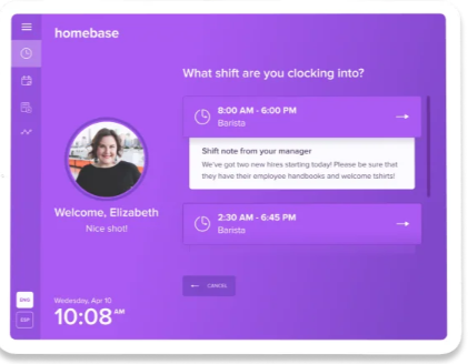 welcome screen when employee checks into shift with homebase time clock