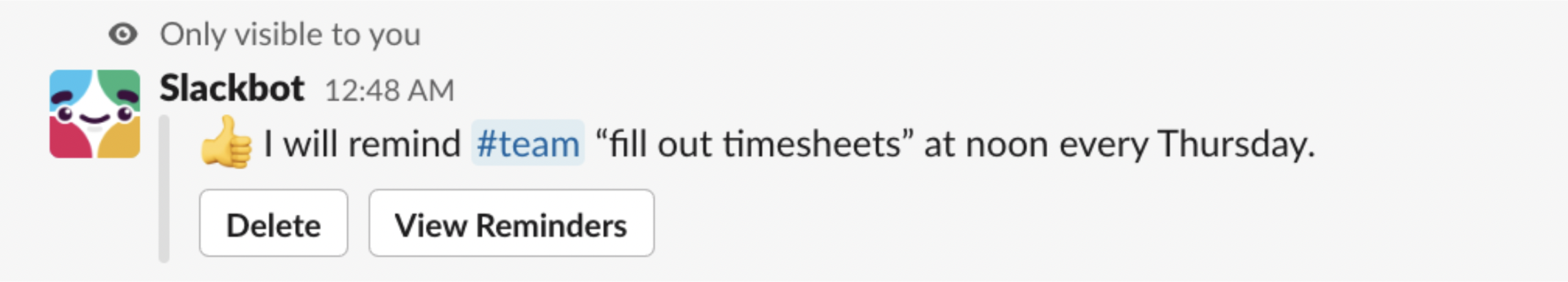 A message from the Slackbot in Slack, confirming a scheduled employee reminder