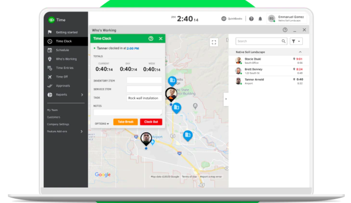 A screenshot of QuickBooks Time's Who's Working dashboard.