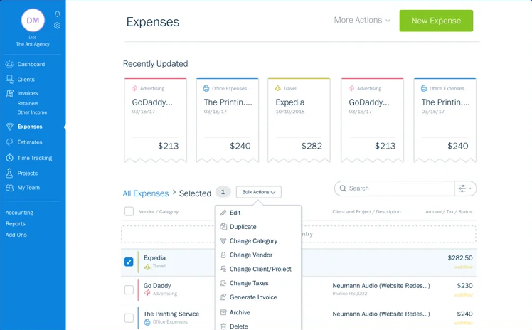 A screenshot of FreshBooks' expense tracking dashboard
