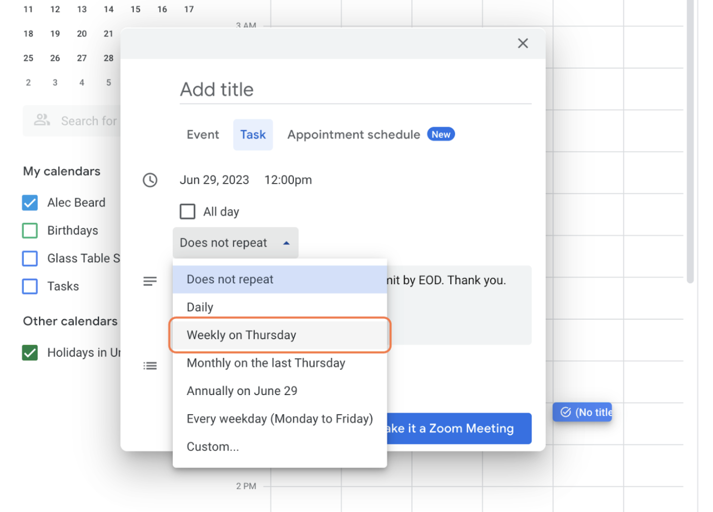Scheduling tasks inside Google Calendar 