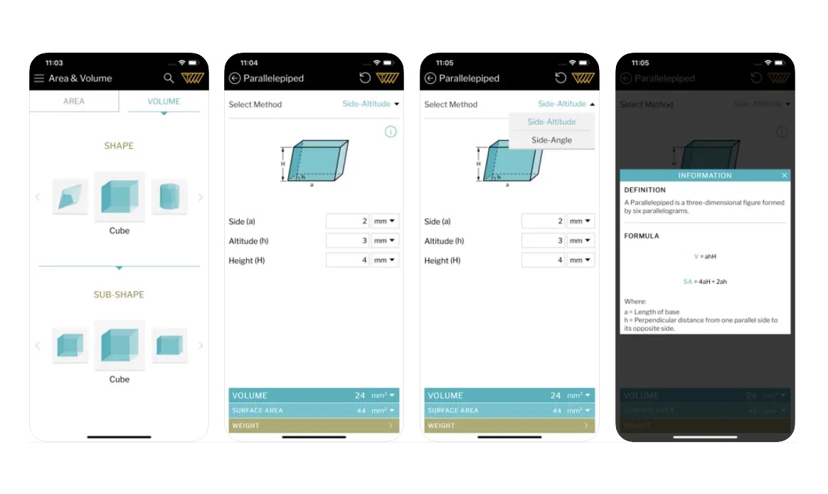 Four phone screens showing Area Volume Calculator’s features.