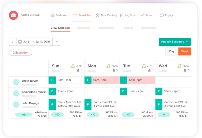 A screenshot of 7shifts' scheduling tool.