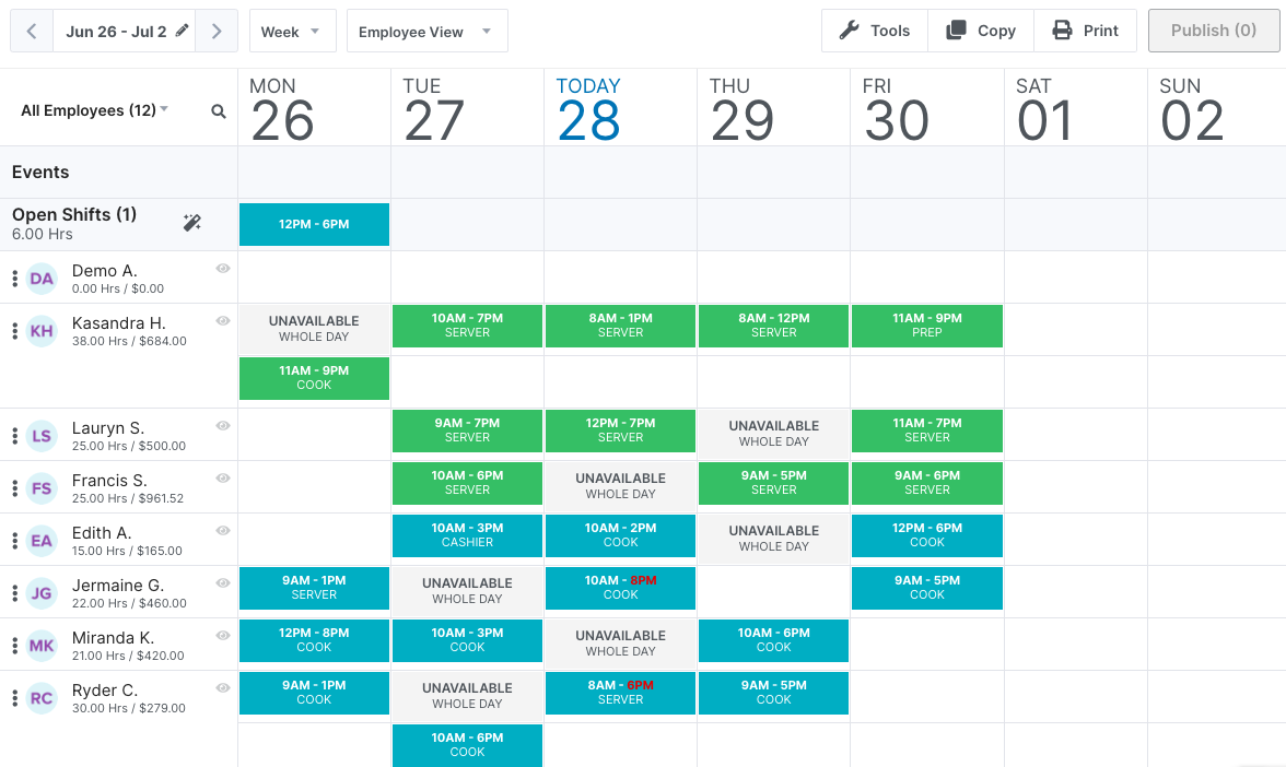 A screenshot of Homebase's schedule builder.