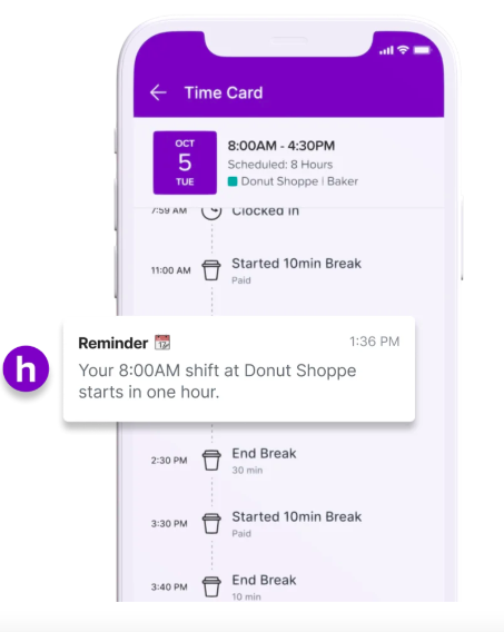 A screenshot of Homebase's mobile time clock.