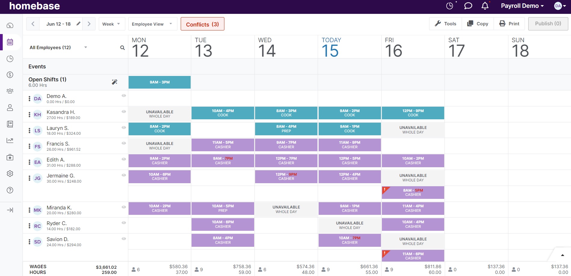 A view of Homebase’s scheduling tool.